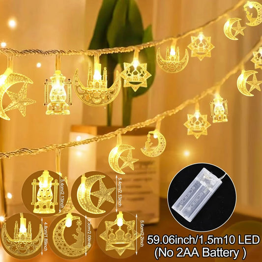 Ramadan Mubarak-LED String Lights - 1.5M 10LED -Decoration (Moon, Star & Lantern)