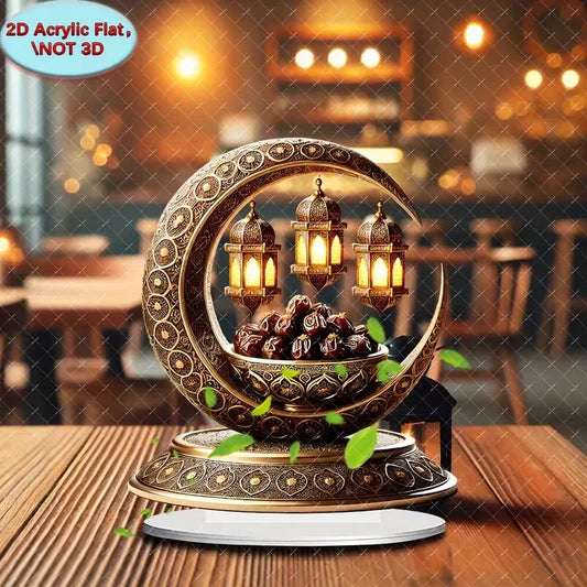 Ramadan Mubarak Golden Crescent Lantern - 2D Flat Desktop Decoration, Plate Dates