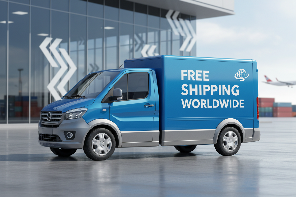 Free Shipping Worldwide written on a small  truck